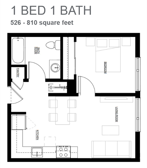 Floor plan for 1 bed, 1 bath, 533 sqft